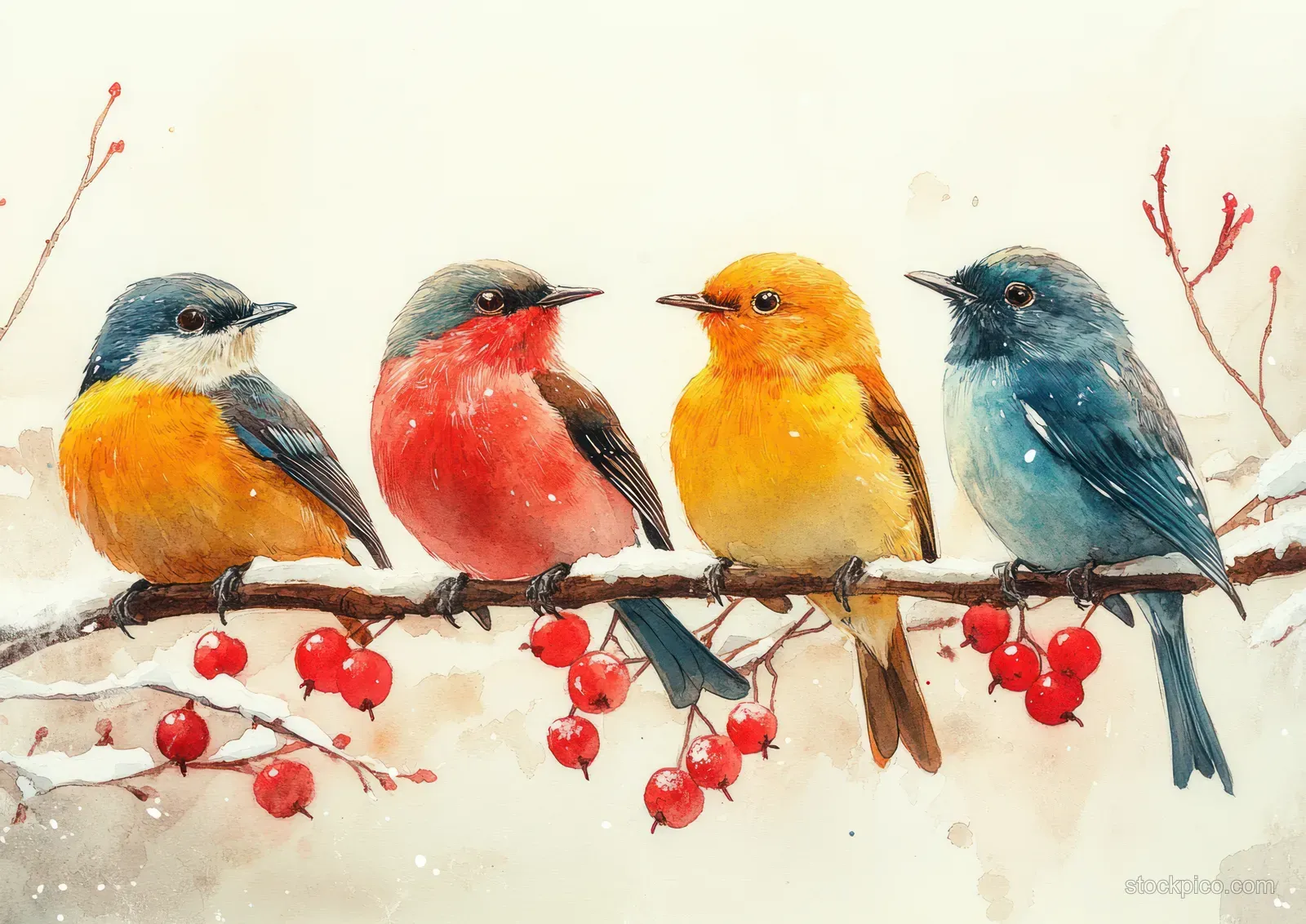 Four colorful birds sit on a berry-laden branch with light snow in a soft watercolor scene.