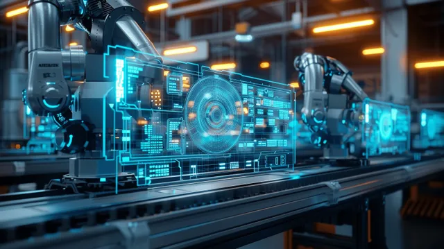 Futuristic robotic arms moving across a smart factory rail with blue digital hologram
