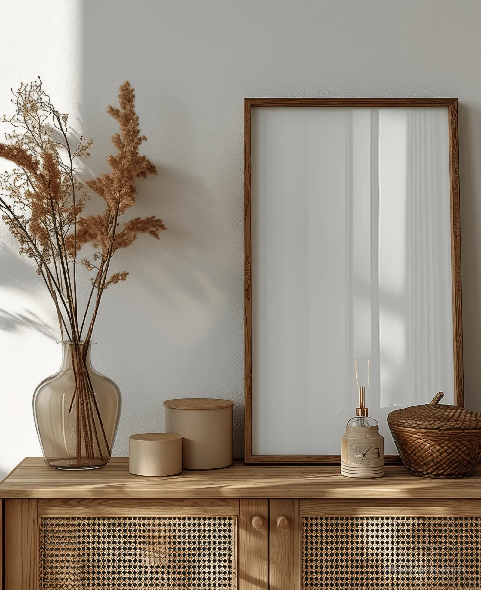 A wabi-sabi living room mockup shows a wooden cabinet with decor and a framed blank poster under soft daylight.