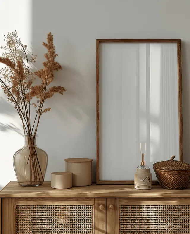 Wabi-sabi living room interior mockup with wooden cabinet, blank poster frame, soft daylight