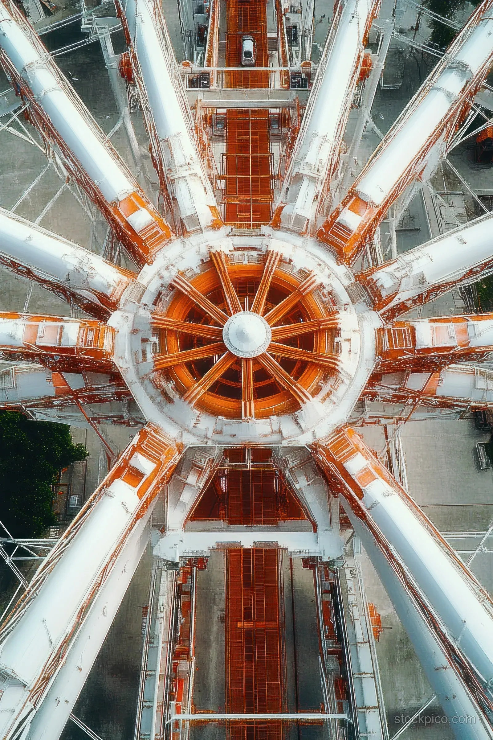 Aerial view into an industrial chamber with symmetrical white arms surrounding an orange central hub and metal machinery.