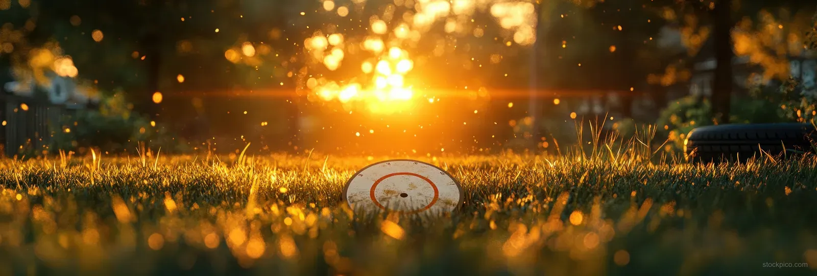 Sunset-lit shooting target on grass with warm light flare and soft smoke in the distance.