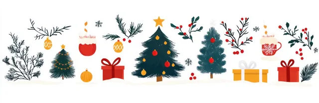Minimalist row of Christmas tree icons, gift boxes, bells, candles, and winter branches on a white background.
