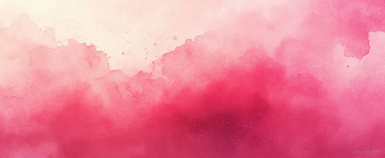 Pink watercolor wash background with soft clouds, paint drips, and scattered splatters on textured paper.