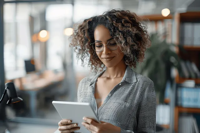 Curly-haired businesswoman reviews spreadsheets on tablet in bright glass office