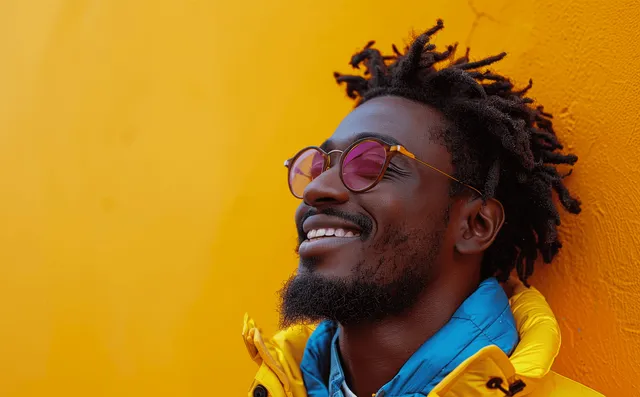 Laughing man in yellow jacket with pink glasses against textured yellow wall