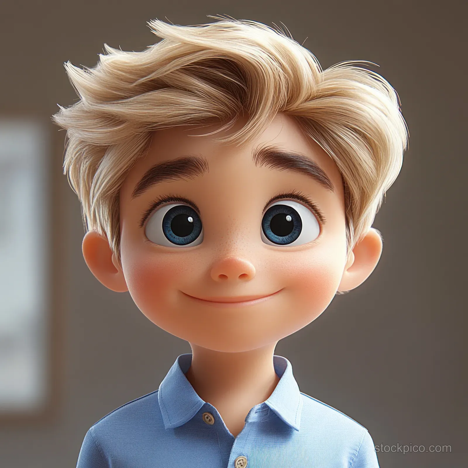 Smiling young boy with tousled blonde hair and blue eyes wearing a light blue collared shirt against a soft brown background.