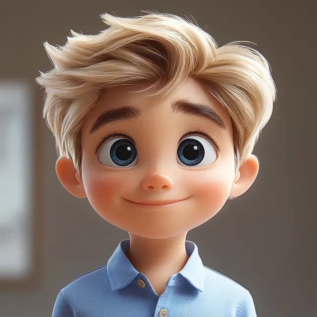Smiling young boy with tousled blonde hair and blue eyes wearing a light blue collared shirt against a soft brown background.