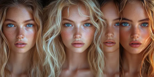 Close-up headshot collage showing different faces with soft natural light and minimal blurred backgrounds.