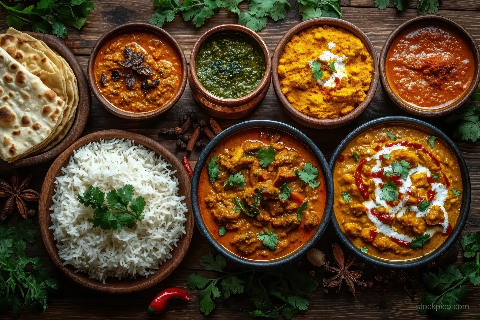 Assorted Indian curries and rice with flatbread sit on a wooden table with herbs and spice bowls around them.