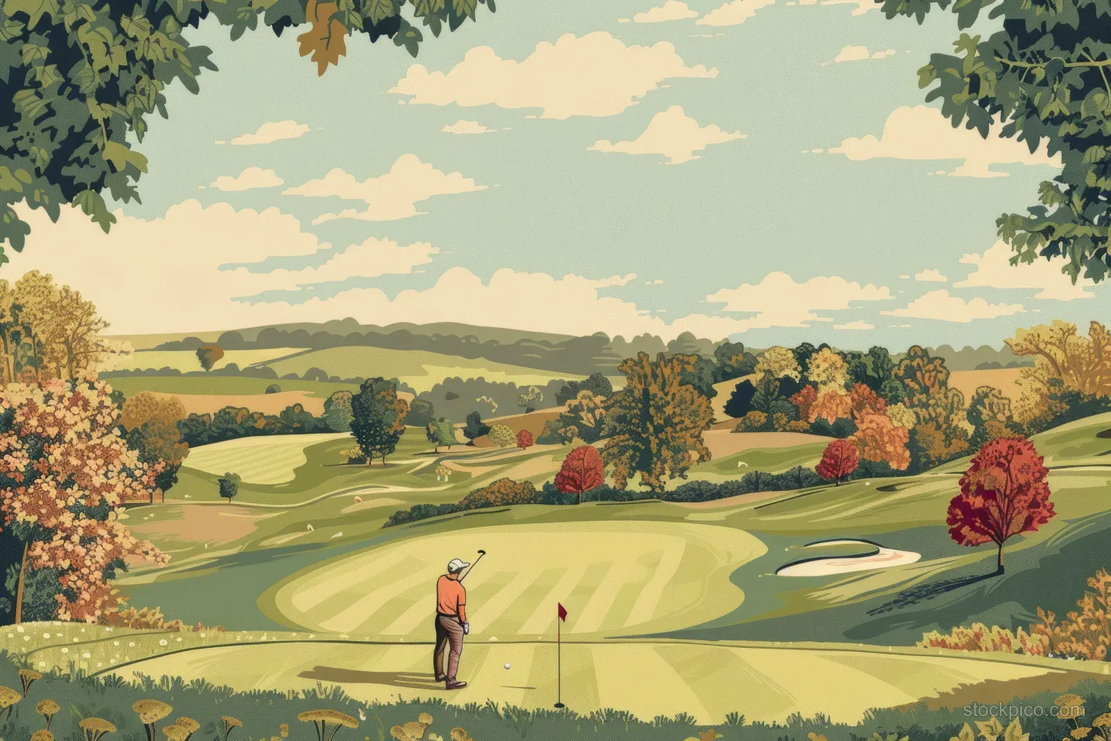 Vintage golfer tees off on a classic English fairway bordered by hedges and autumn trees.