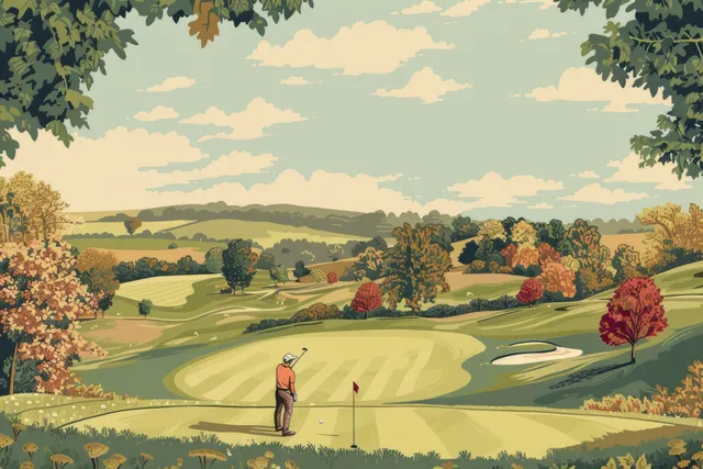Vintage golfer tees off on a classic English fairway bordered by hedges and autumn trees.
