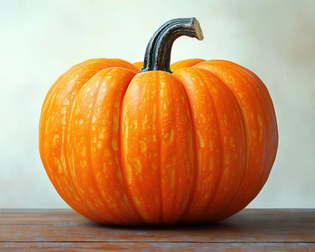 Orange pumpkin on wooden table with curved stem and soft light