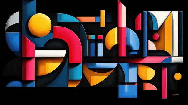Abstract geometric shapes with rounded blocks and bright color bands on dark background