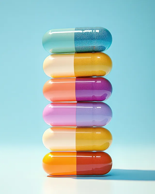Stack of six colorful glossy capsules arranged vertically on a soft blue gradient background