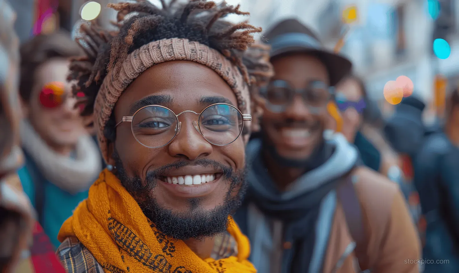 Diverse friends smiling for a selfie on a city street while flashing peace signs with colorful bokeh lights behind.