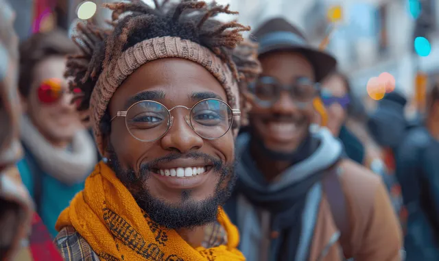 Diverse friends smiling for a selfie on a city street while flashing peace signs with colorful bokeh lights behind.