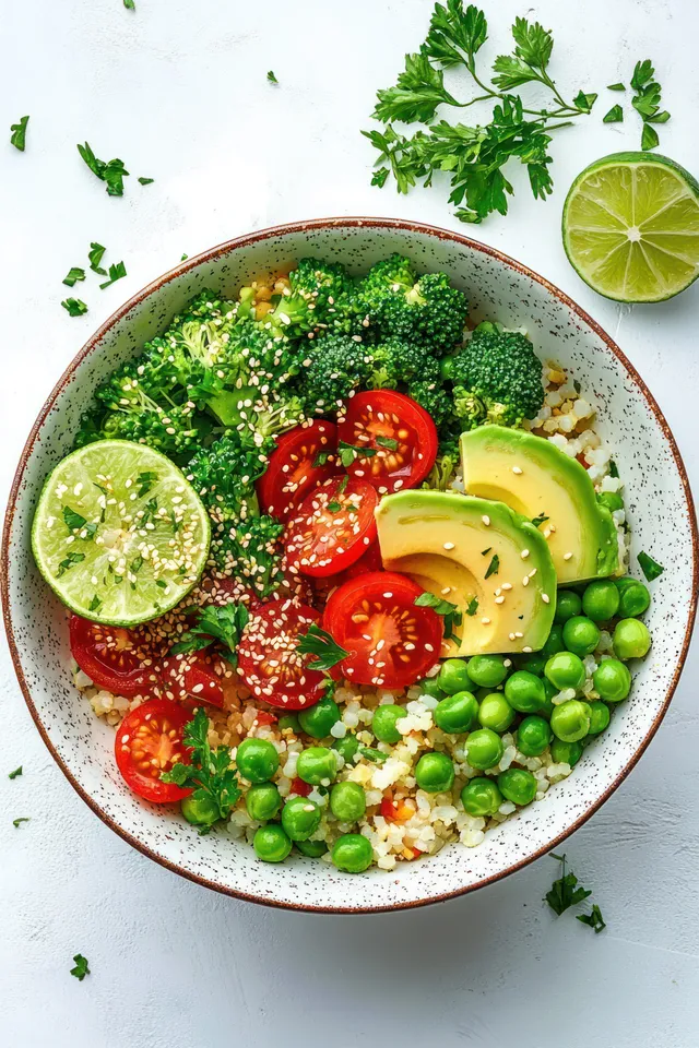 Fresh vegetable bowl with broccoli, cherry tomatoes, peas, avocado, sesame, lime on white surface