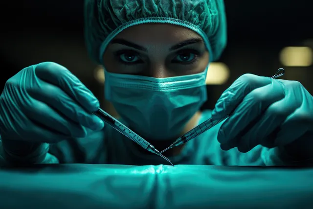 Dermatologist performs electrocautery mole removal on patient abdomen with gloved hands