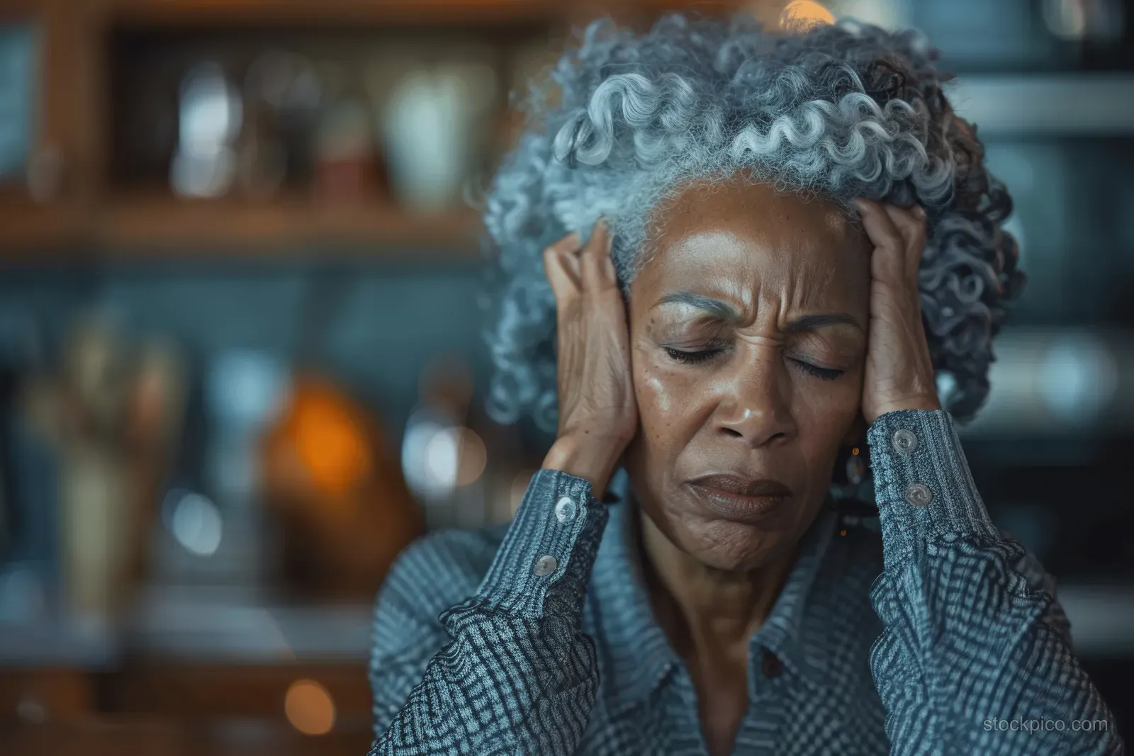 An African-American senior woman sits at a kitchen table with her hands on her head, looking distressed at home.