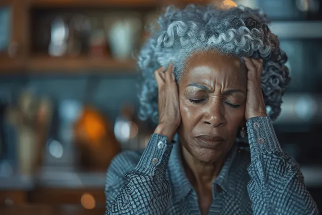 An African-American senior woman sits at a kitchen table with her hands on her head, looking distressed at home.