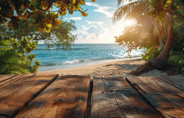 Weathered wooden table top in tropical beach scene with sunlit ocean and sand horizon