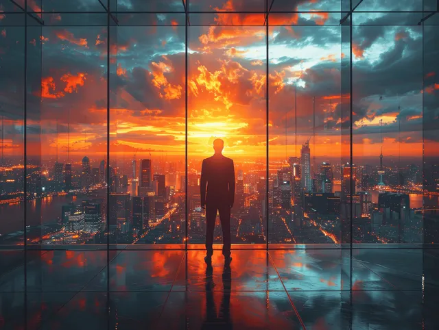 Silhouetted man stands facing a glass window, overlooking a sunset city skyline with dramatic clouds and reflections.
