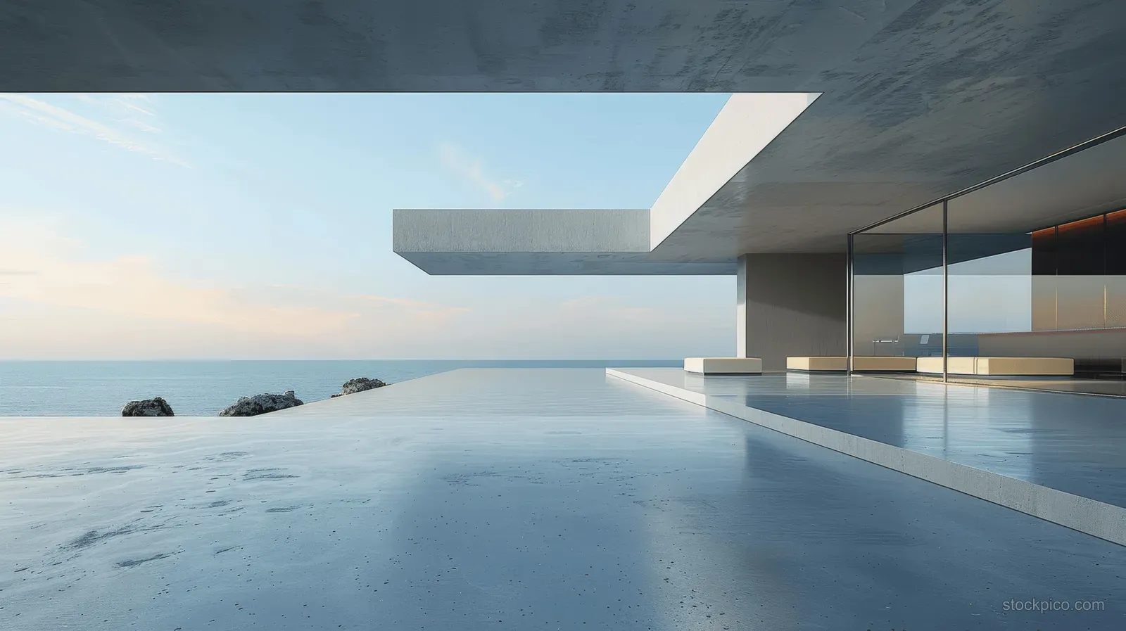 Minimalist concrete terrace with glass walls and geometric overhangs overlooking the sea.