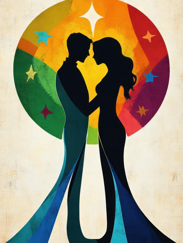 Silhouette couple facing each other inside a colorful starry circular backdrop with warm gradient colors.