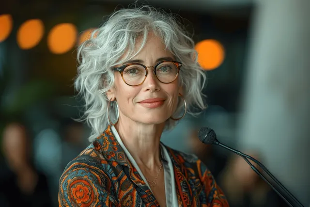 Confident older businesswoman speaks at a workshop with a microphone and blurred audience lights
