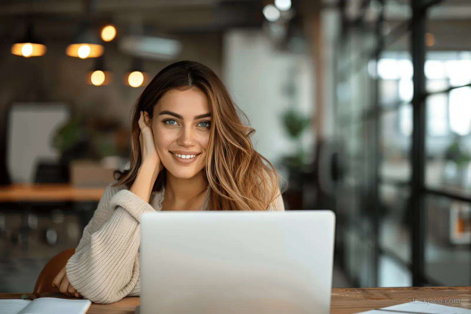 A smiling mature businesswoman sits at a desk using a laptop for a video call in a softly lit office.