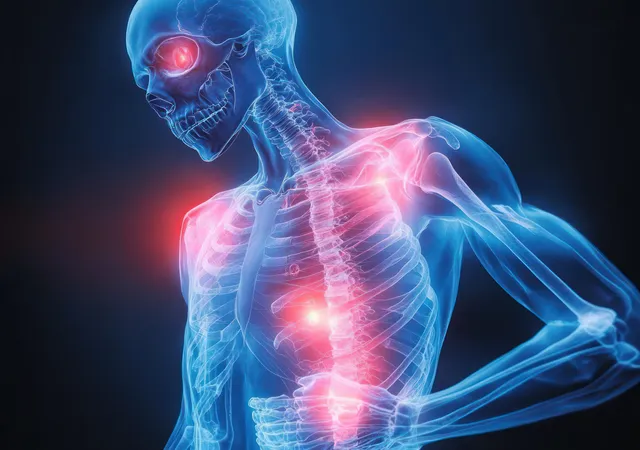 Surreal X-ray of a human skeleton with glowing red inflamed joints and pain signals over the torso and arms.