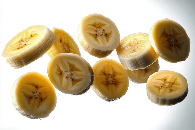 Close-up banana slices floating on white background, showing textured cross-sections and seeds