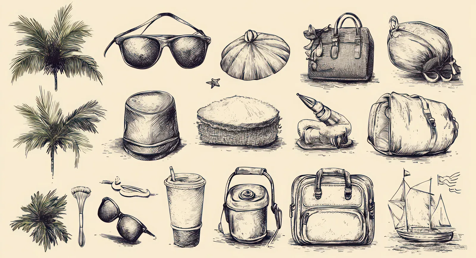 Hand-drawn vintage sketch collection of beach vacation travel items including palms, shells, sunglasses, and a small sailing ship.