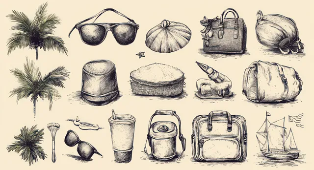 Hand-drawn vintage sketch collection of beach vacation travel items including palms, shells, sunglasses, and a small sailing ship.