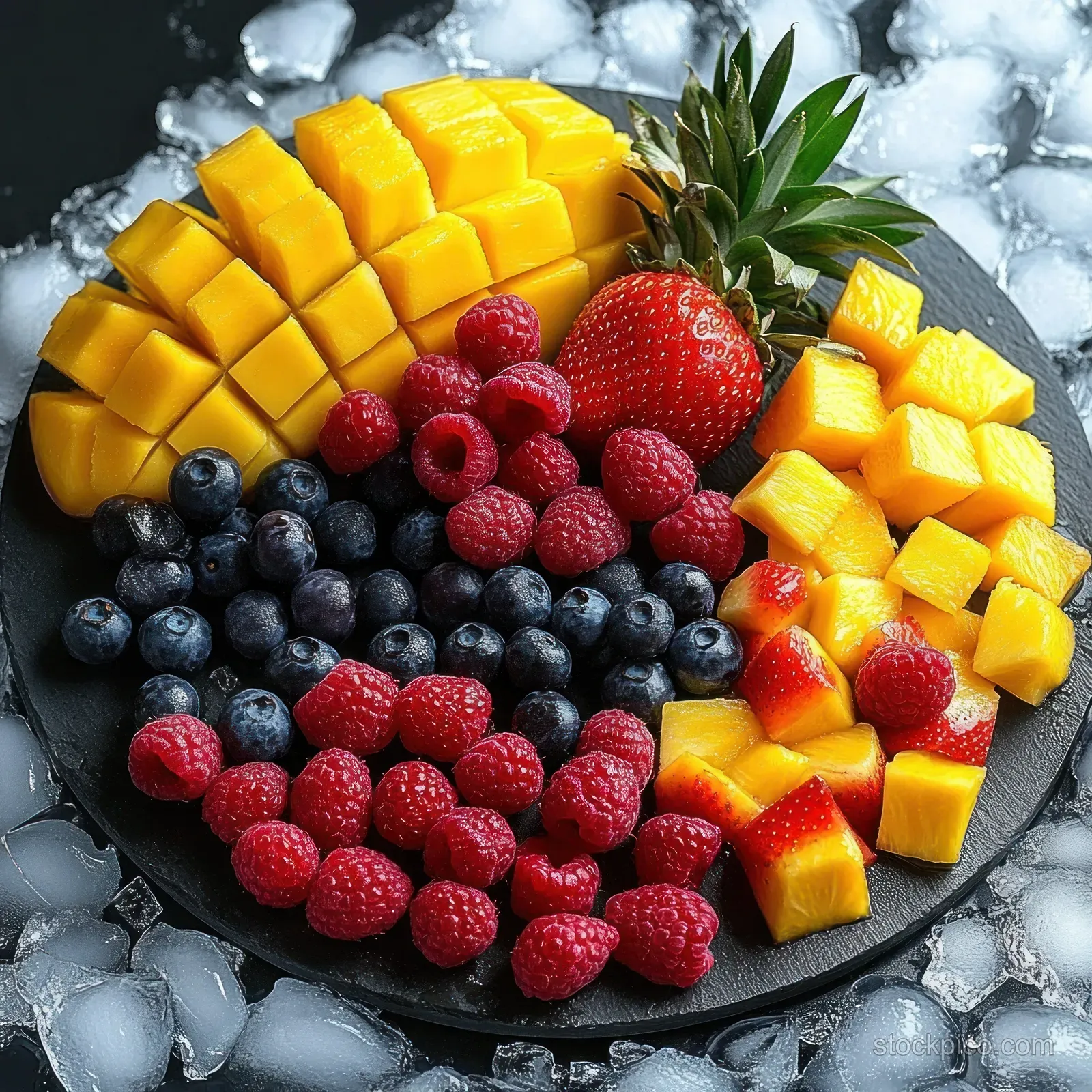 Diced mango and mixed berries on a black plate surrounded by ice cubes.