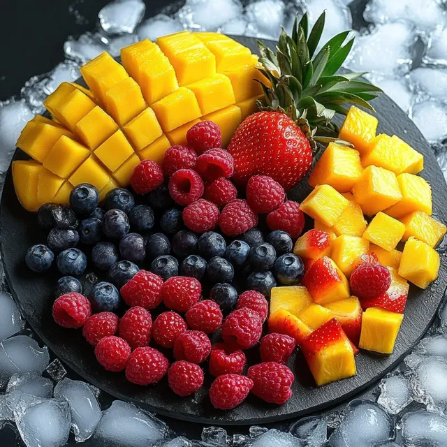 Diced mango and mixed berries on a black plate surrounded by ice cubes.