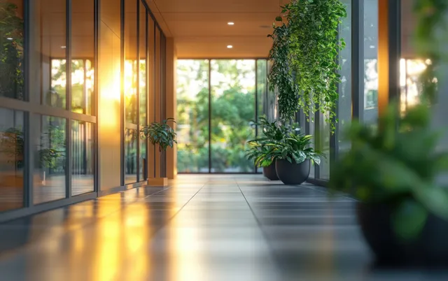 Sunlit modern corridor with floor-to-ceiling windows, glossy tiles, and potted greenery