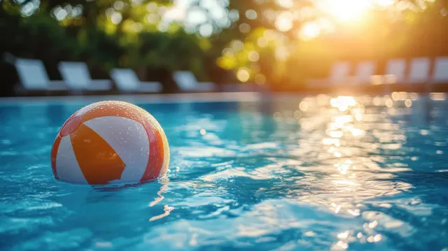 A colorful beach ball floats on a blue swimming pool surface with golden sunlight reflecting on ripples.