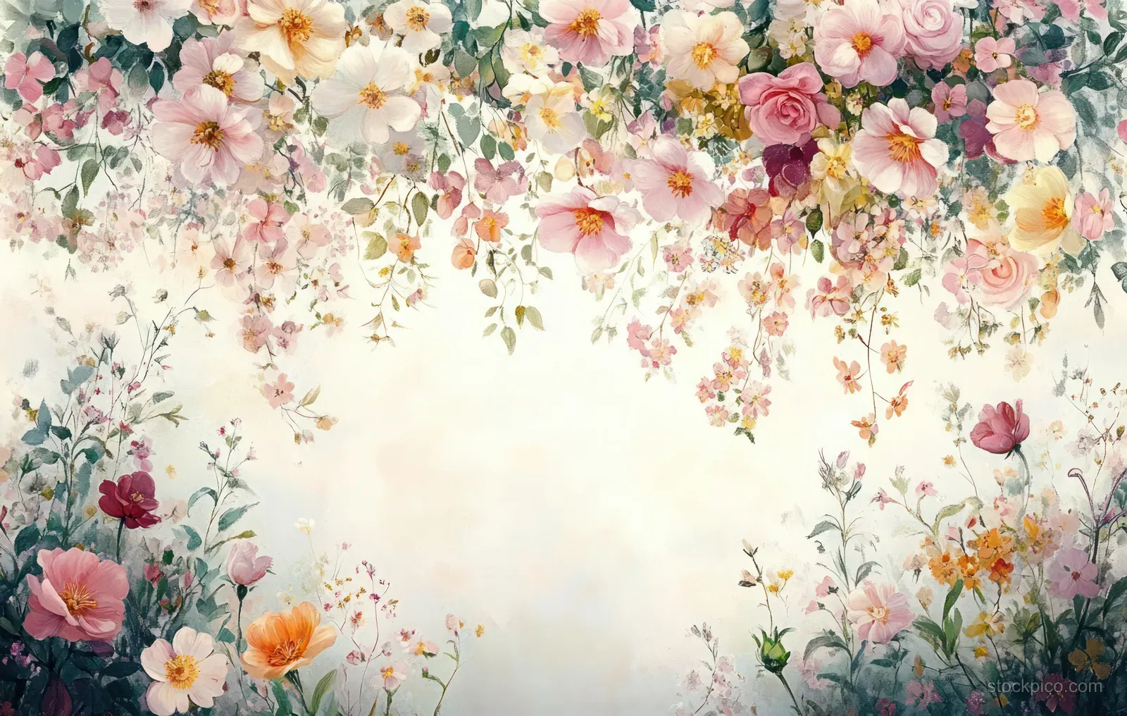 Pastel flower garland with pink, white, and yellow blooms framing a bright empty center in a soft garden setting.