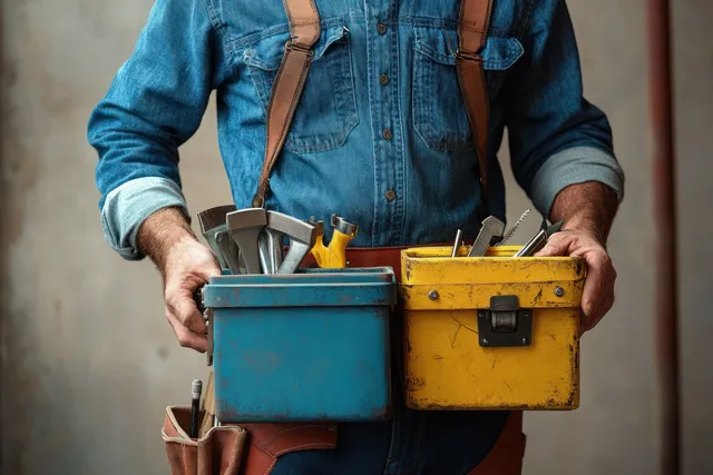A man in a denim shirt holds two open toolboxes, showing hand tools like pliers and wrenches inside.