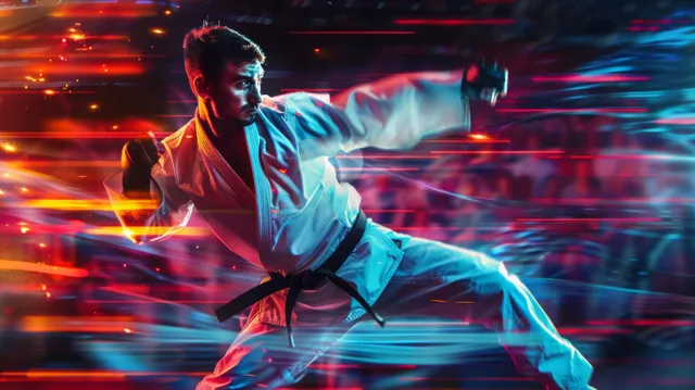 Karateka launching a kumite punch with speed trails and Turkish-themed background lights