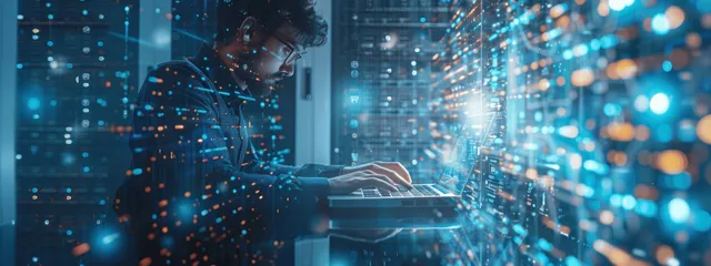 Engineer typing on a laptop in a server room with glowing blue network data streams and rack lights.