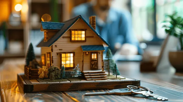A real estate agent signs mortgage documents as a lit house model, keys, and papers sit on an office desk.