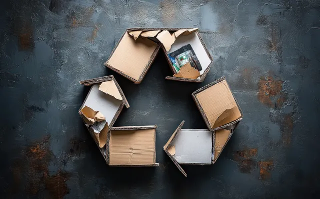 Damaged cardboard boxes arranged in a recycling symbol on dark textured surface
