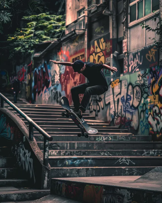 A skateboarder grinds a handrail near graffiti-covered steps in a dim urban alley at dusk.