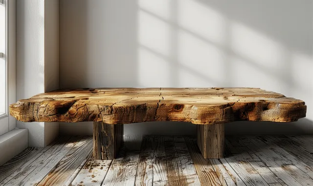 Light wooden slab table against a white wall with soft window shadows