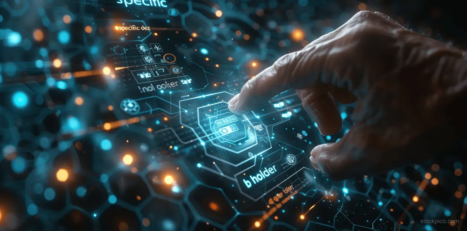 A hand touches a holographic screen displaying agenda and meeting icons over a hexagon grid.