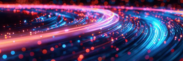 Glowing fiber-optic cables streaming data through a blue cyber network tunnel