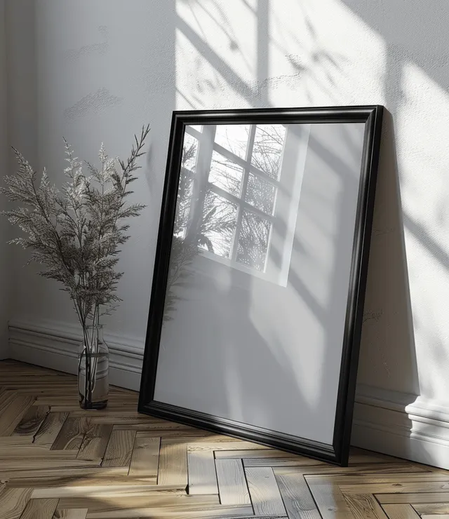 Black picture frame leaning on a parquet floor with window light reflections on the glass.